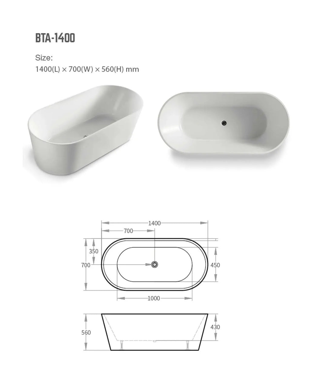 Prato Freestanding acrylic bath 1400, 1500, 1700mm BNK