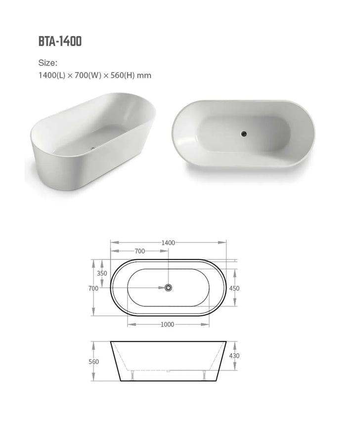 Prato Freestanding acrylic bath 1400, 1500, 1700mm BNK