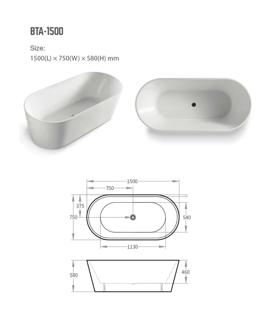 Prato Freestanding acrylic bath 1400, 1500, 1700mm BNK