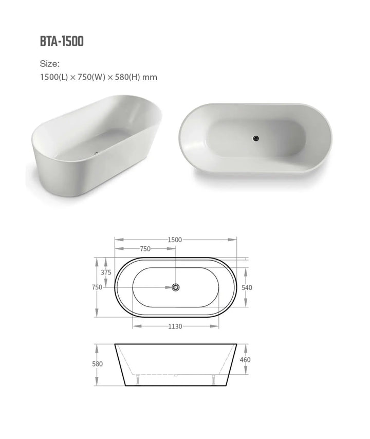 Prato Freestanding acrylic bath 1400, 1500, 1700mm BNK