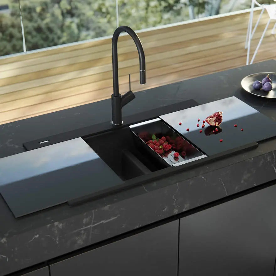 Santorini Black Double Bowl Topmount Sink With Glass Top Oliveri