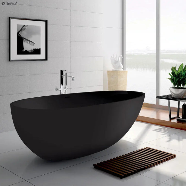 LUCIANA Matte Black Stone Bath 1500 &amp; 1690mm with overflow Fienza