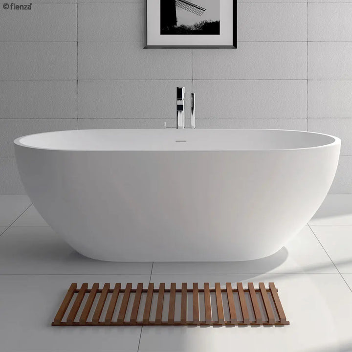 NERO Matte White Freestanding Stone Bath 1400, 1550, 1780mm with overflow Fienza