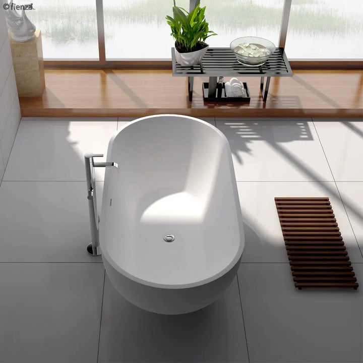 NERO Matte White Freestanding Stone Bath 1400, 1550, 1780mm with overflow Fienza
