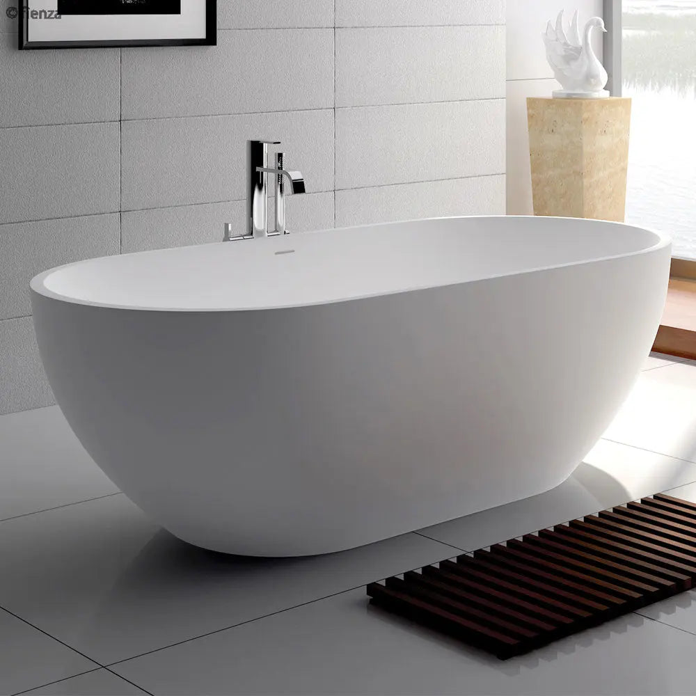 NERO Matte White Freestanding Stone Bath 1400, 1550, 1780mm with overflow Fienza