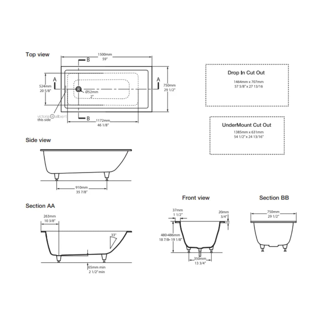 Kaldera 4 Inset Undermount QUARRYCAST™ White (Gloss) Bath 1500mm Victoria + Albert