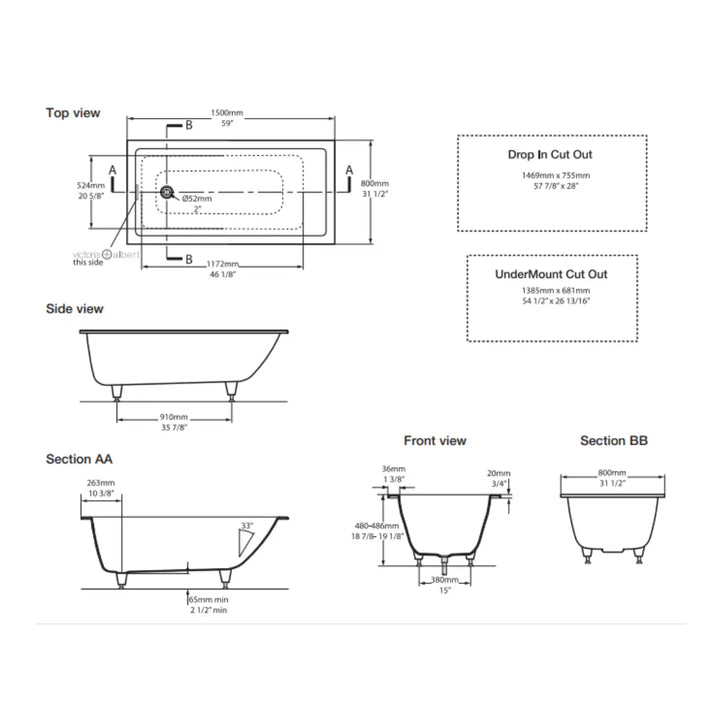 Kaldera 5 Inset Undermount QUARRYCAST™ White (Gloss) Bath 1500mm Victoria + Albert