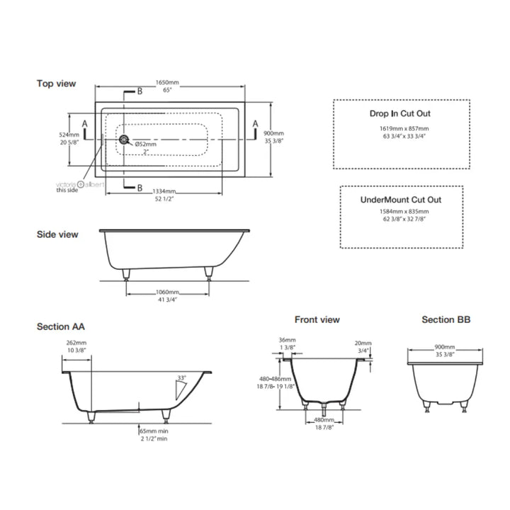 Kaldera 6 Inset Undermount QUARRYCAST™ White (Gloss) Bath 1650mm Victoria + Albert
