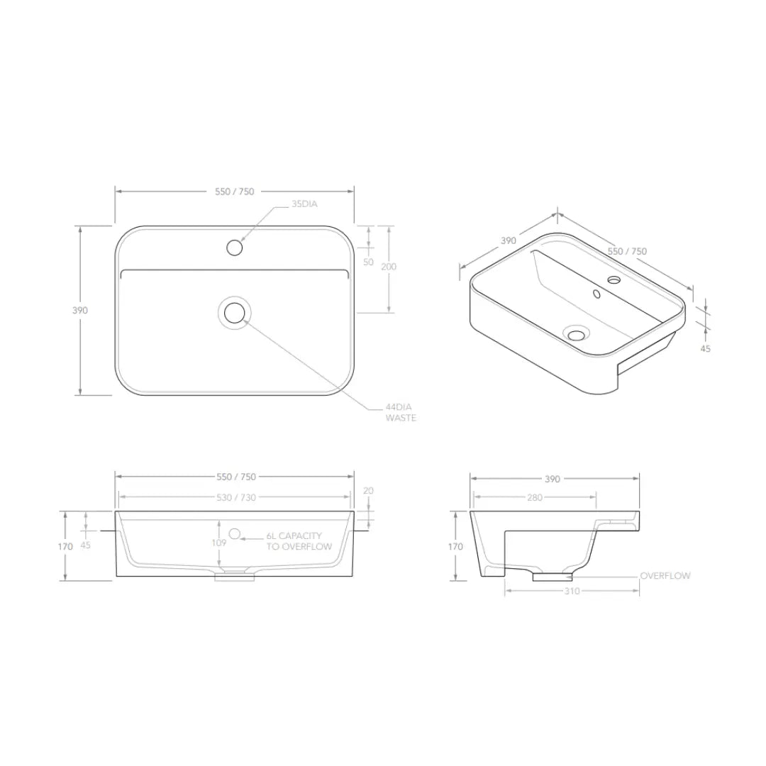 Miya 550 Solid Surface Semi-Recessed Basin ADP
