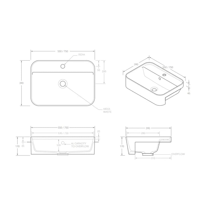 Miya 550 Solid Surface Semi-Recessed Basin ADP