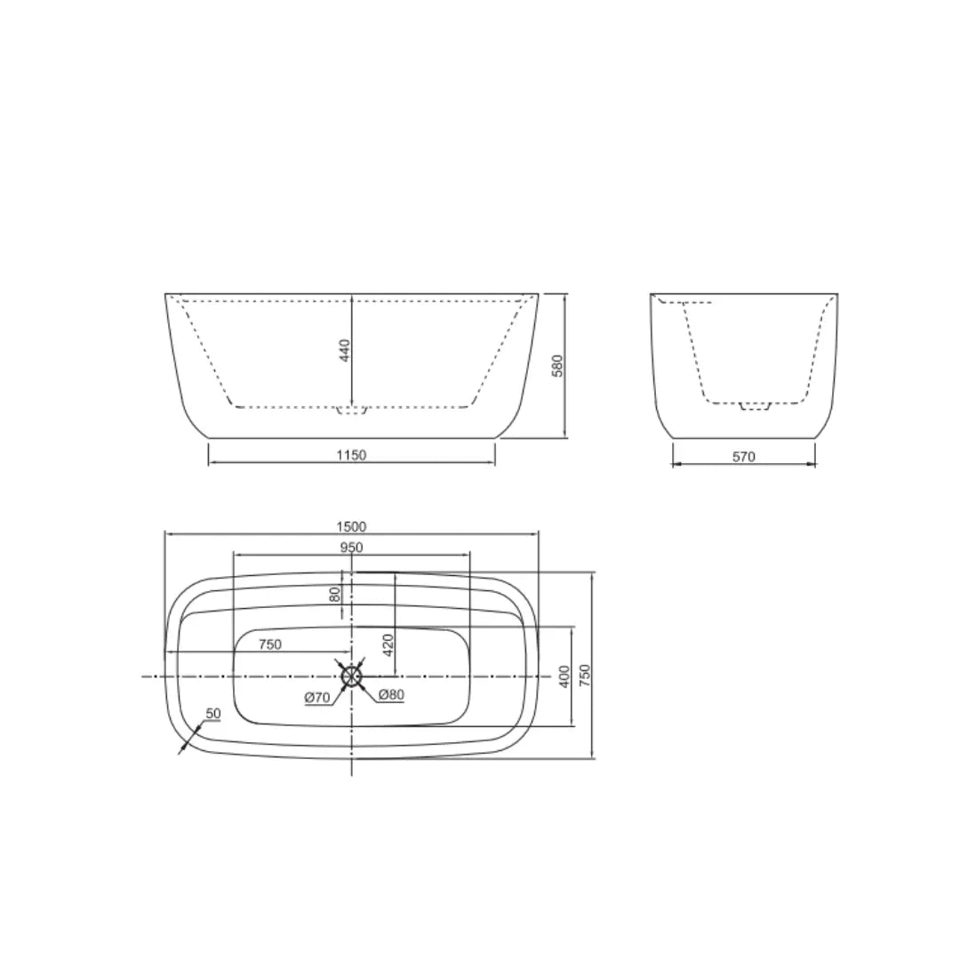 Terriccio 1500mm or 1700mm Matte White acrylic Bath Belbagno
