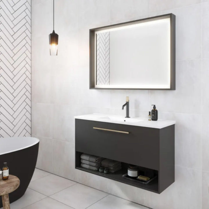 KARLIE Ensuite Vanity (360mm depth) with Silk Surface top and Above Counter Basin Timberline