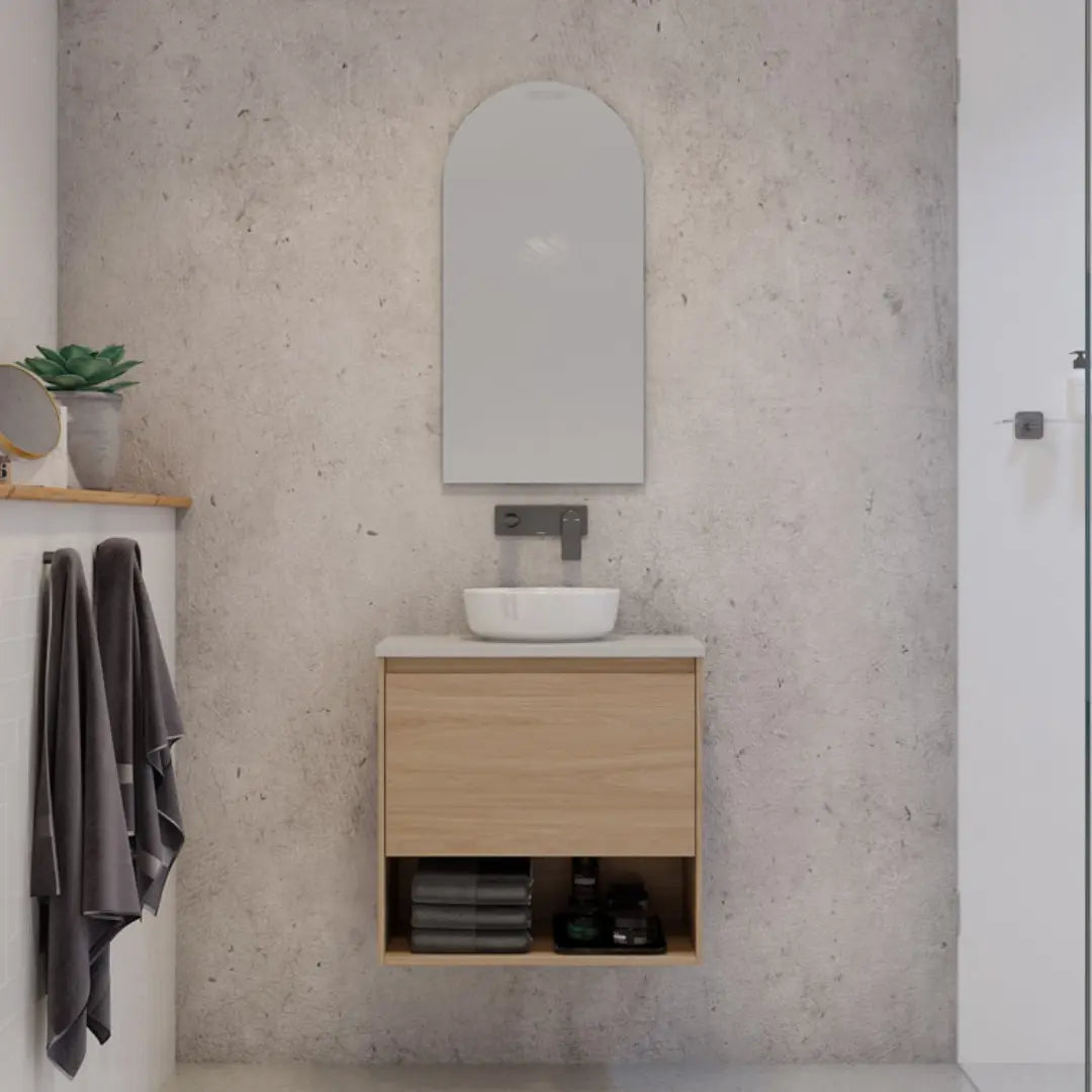 KARLIE Ensuite Vanity (360mm depth) with Silk Surface top and Above Counter Basin Timberline