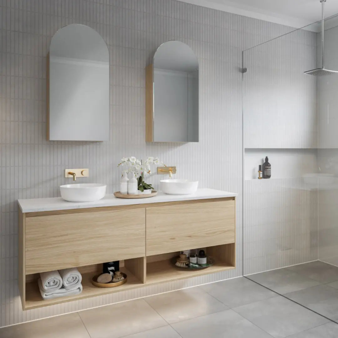 KARLIE Ensuite Vanity (360mm depth) with Silk Surface top and Above Counter Basin Timberline