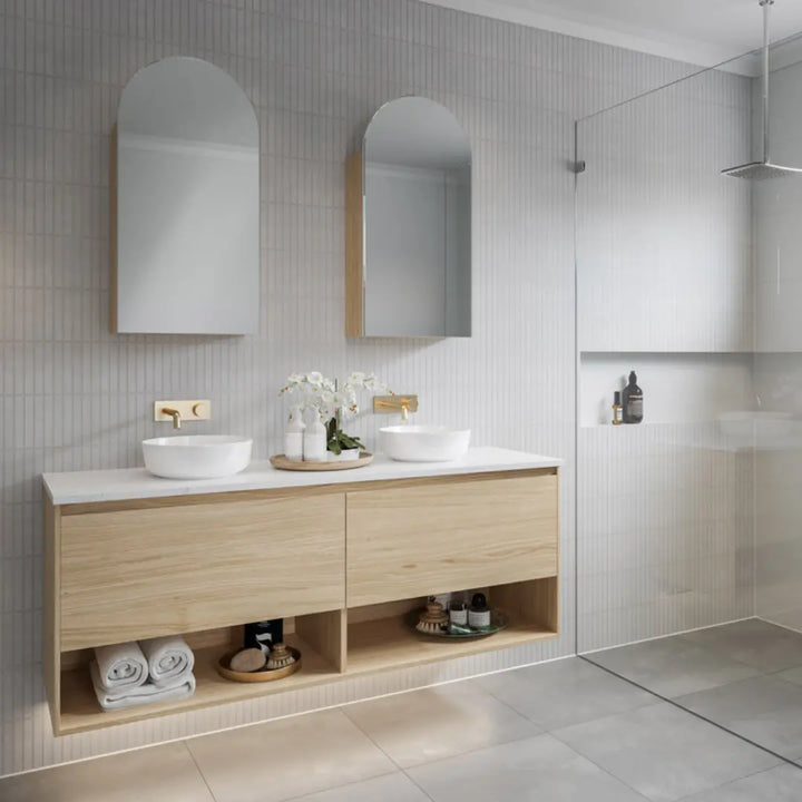 KARLIE Ensuite Vanity (360mm depth) with Silk Surface top and Above Counter Basin Timberline