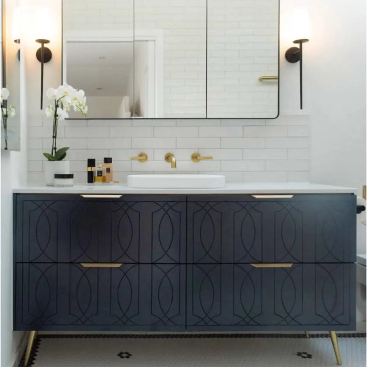 Sutherland House Vanity with silk surface top and above counter basin Timberline