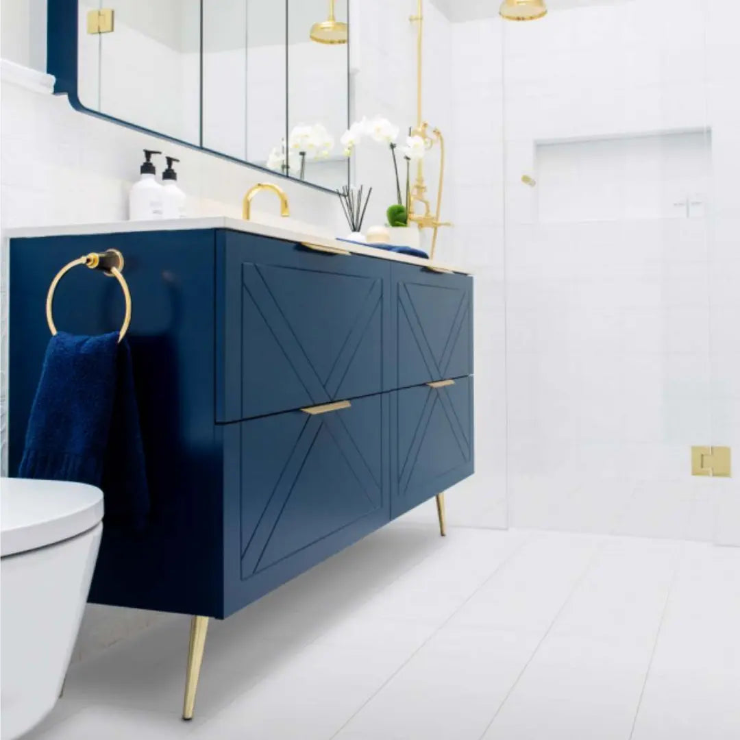 Sutherland House Vanity with silk surface top and above counter basin Timberline