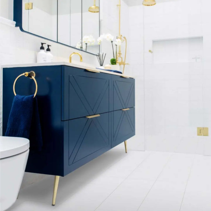 Sutherland House Vanity with silk surface top and above counter basin Timberline