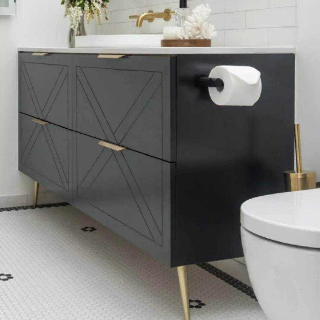 Sutherland House Vanity with silk surface top and above counter basin Timberline