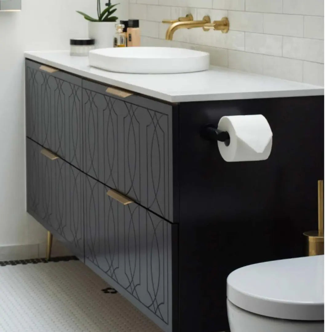 Sutherland House Vanity with silk surface top and above counter basin Timberline