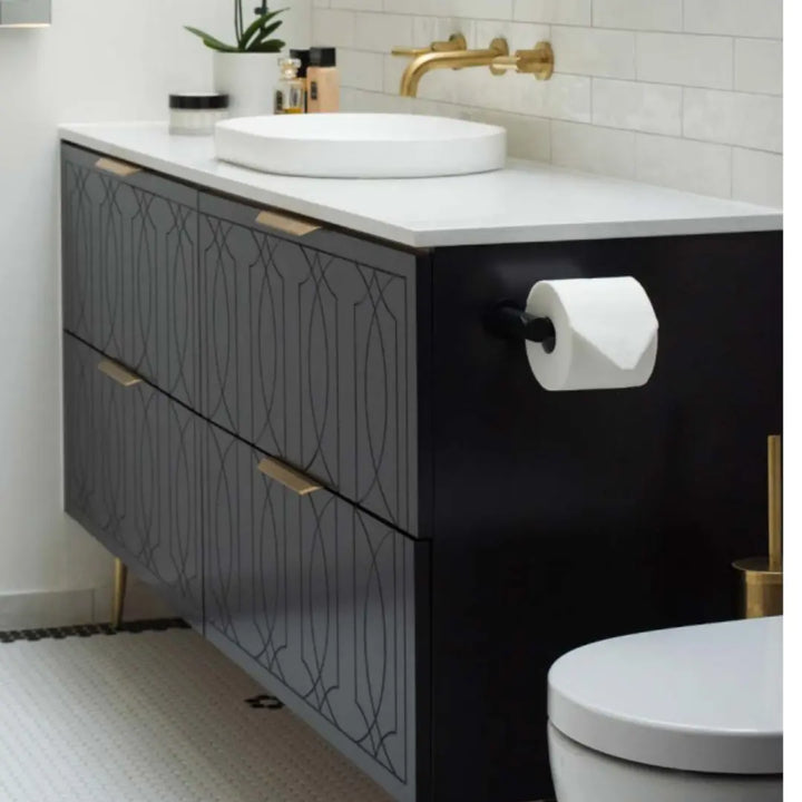 Sutherland House Vanity with silk surface top and above counter basin Timberline