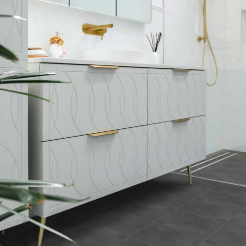 Sutherland House Vanity with silk surface top and above counter basin Timberline