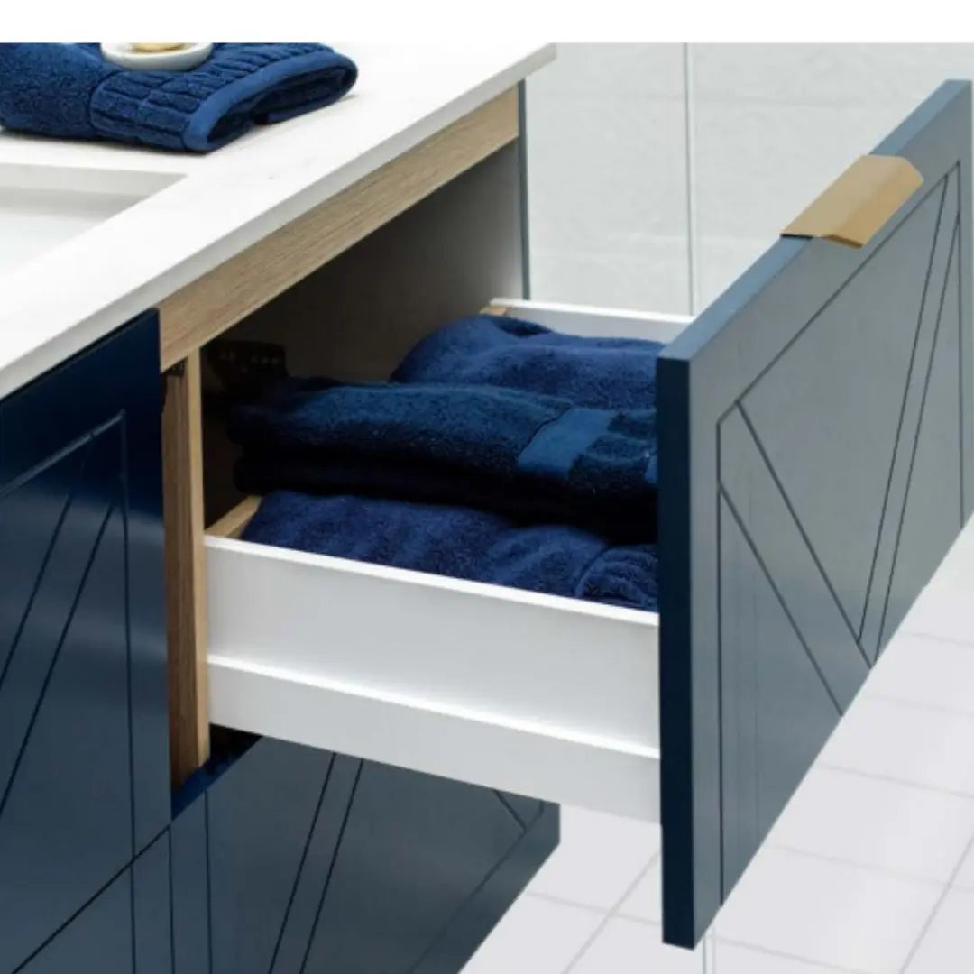 Sutherland House Vanity with silk surface top and above counter basin Timberline