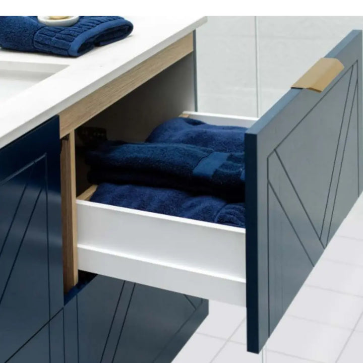 Sutherland House Vanity with silk surface top and above counter basin Timberline