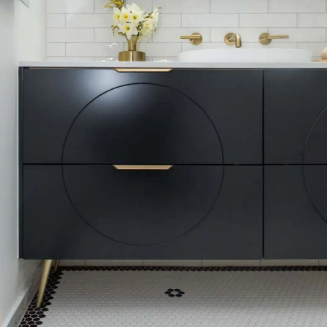 Sutherland House Vanity with silk surface top and above counter basin Timberline