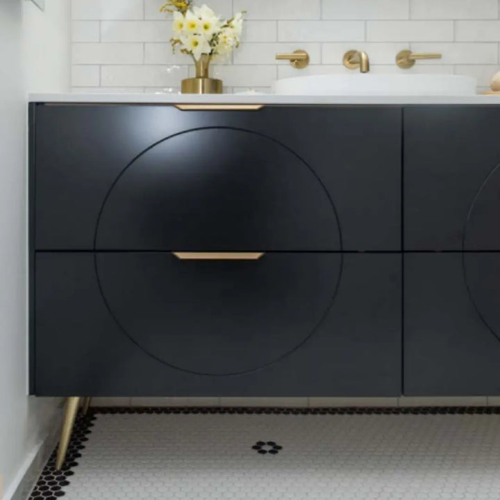 Sutherland House Vanity with silk surface top and above counter basin Timberline