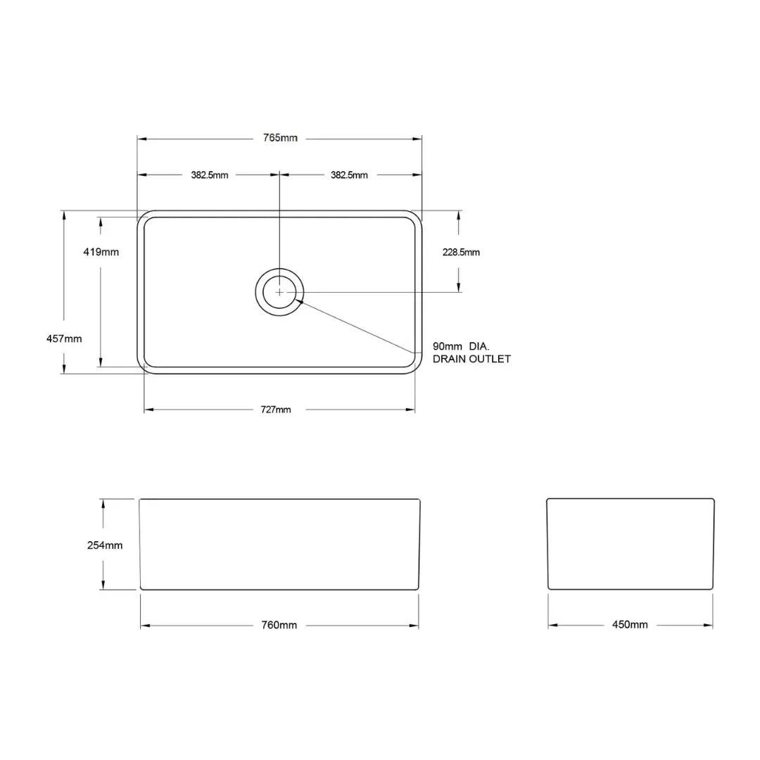 Novi 75 x 46 Fine Fireclay Matte Black Butler Sink overflow optional Turner Hastings