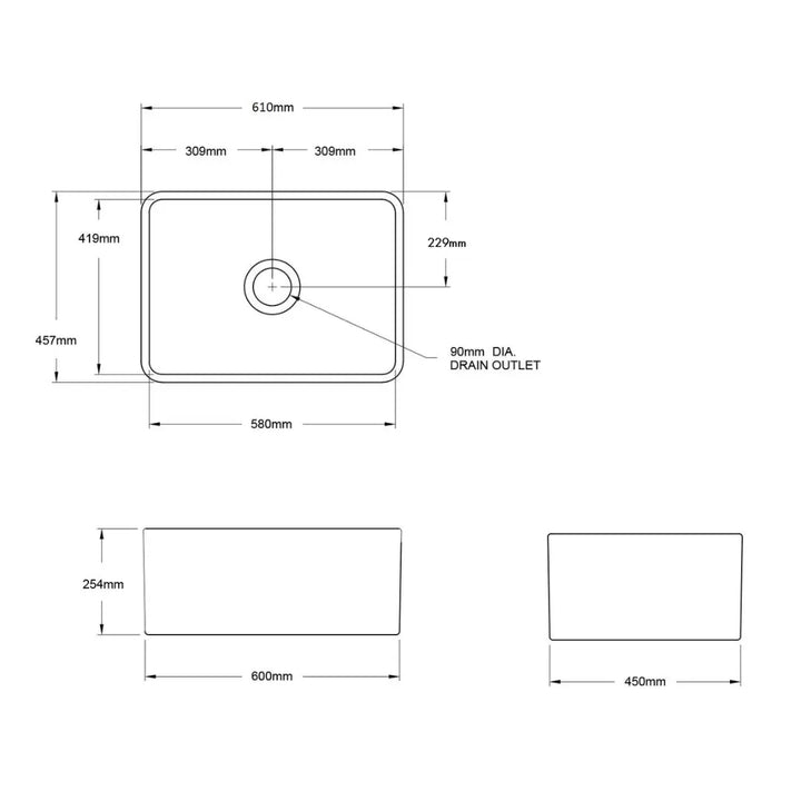 Novi 60 x 46 Fine Fireclay Matte Black Butler Sink overflow optional Turner Hastings