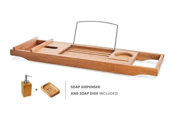 BAMBOO BATH CADDY, SOAP DISH &amp; DISPENSER Decina