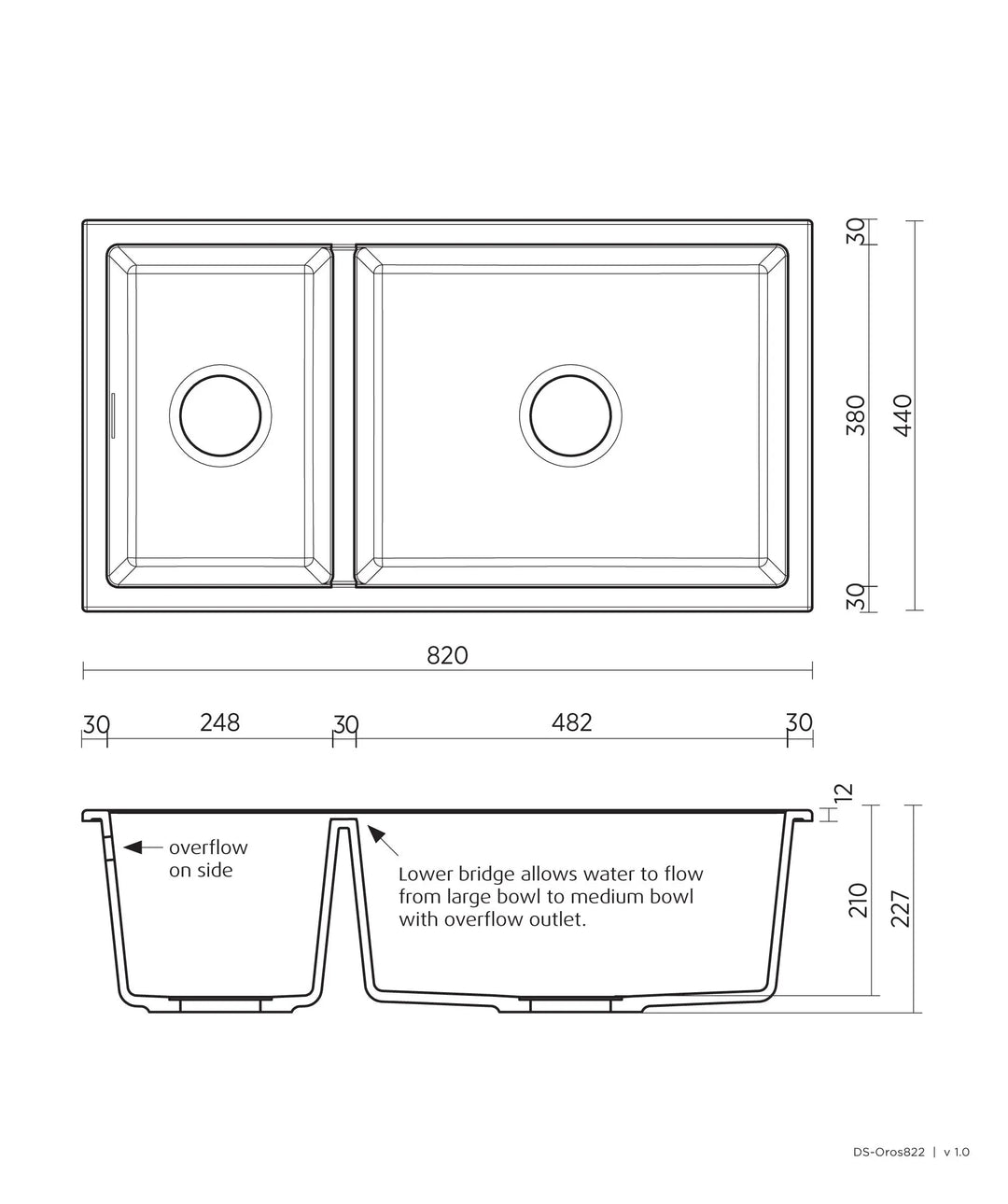 OROS 822 white Arqstone sink with overflow Seima